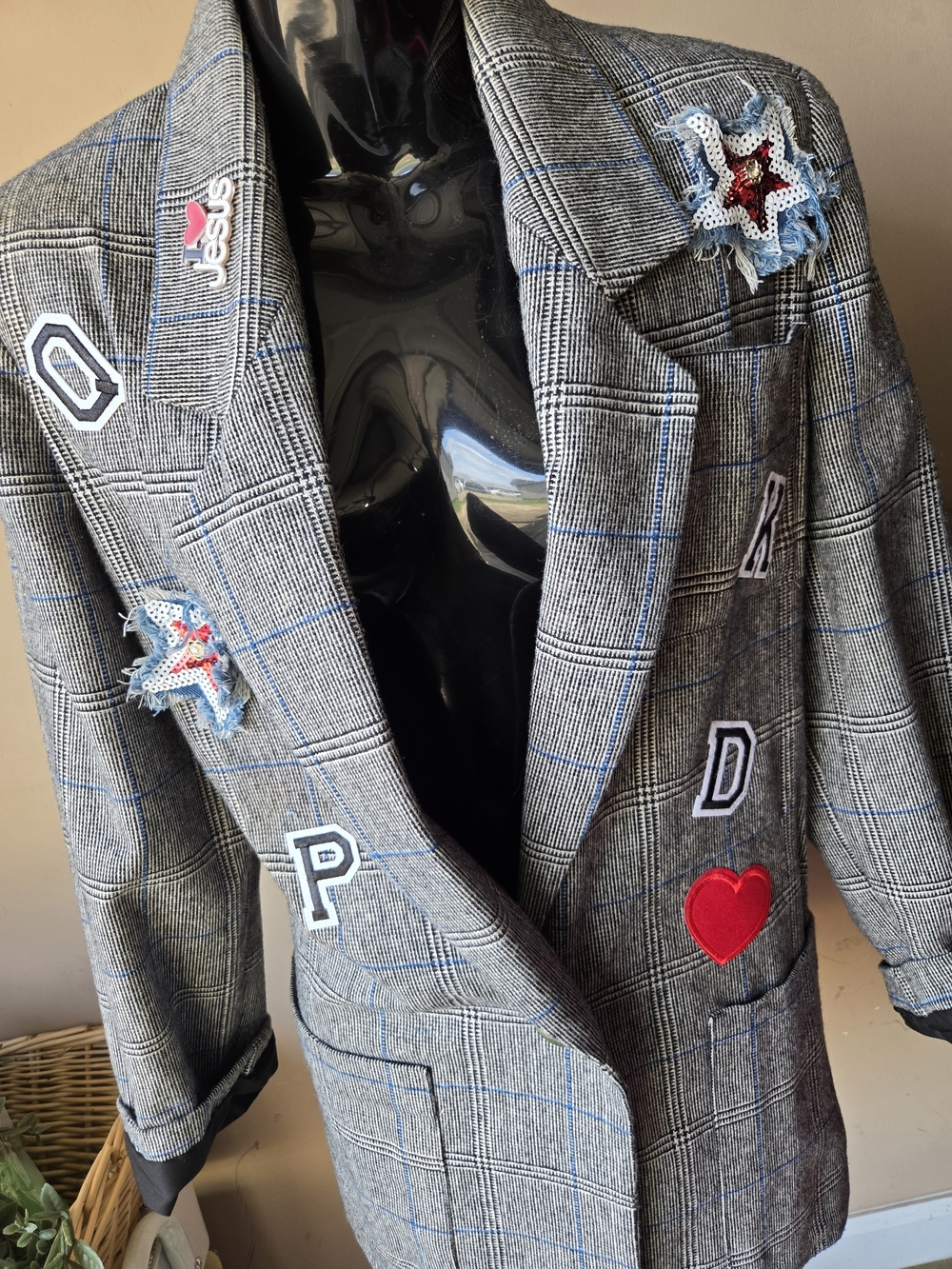 Gray Plaid Women's Blazer with Embroidered Patches